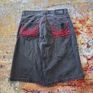 Evolution Y2K Grunge Goth Grey Denim Shorts Embroidered 36 Baggy
